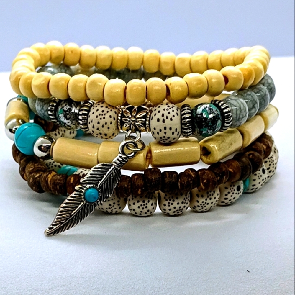 5 Unisex Stackable Wooden And Resin Beaded Boho Bracelets - Picture 4 of 4